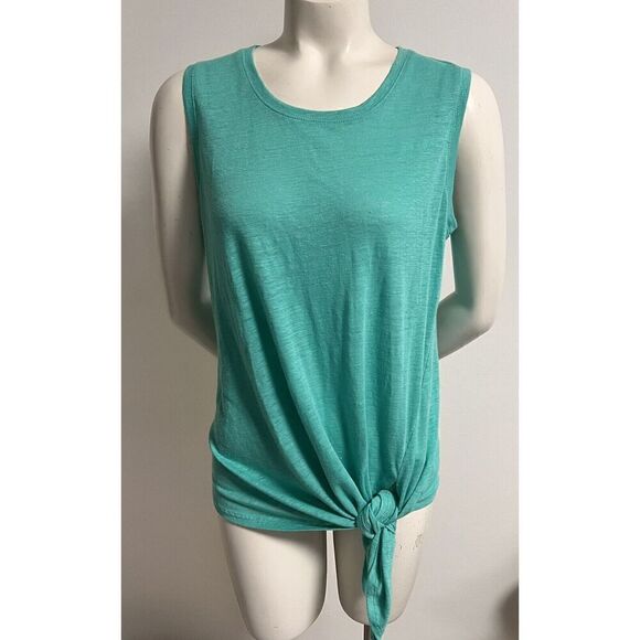 Maette Tops - Maette Womens Teal Linen Tank Top Scoop Neck Knot Front Size M
